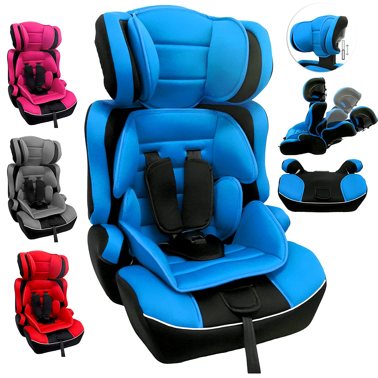 Arebos Child Car Seat | 5-Point Safety Belt | Group 1+2+3 for 9-36 kg | Adjustable Headrest | ECE R44/04 | Removable Backrest | Adjustable (44 x 44 x 66-78 cm) (Grey)