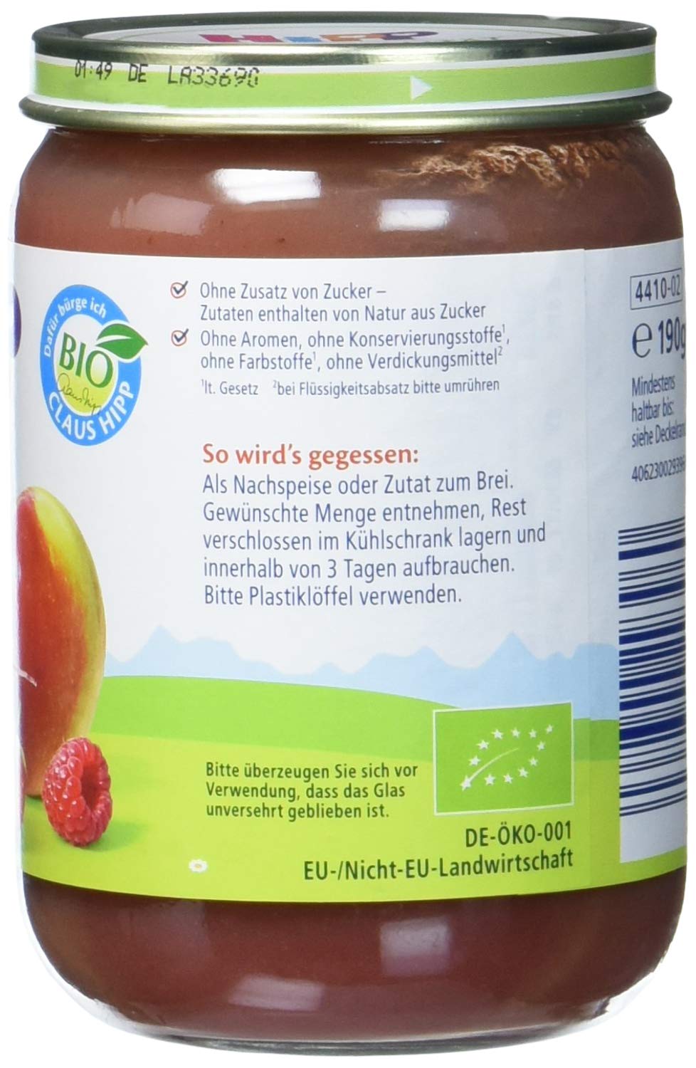 HiPP Früchte Erdbeere mit Himbeere in Apfel, 6er Pack (6 x 190 g)