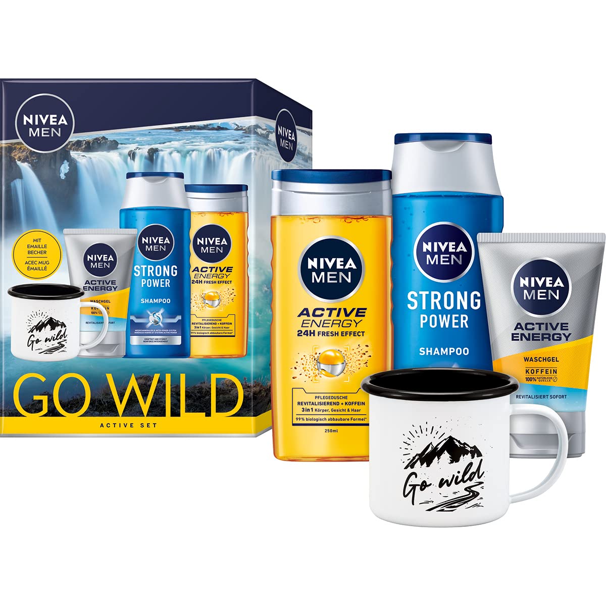 NIVEA MEN Go Wild Active Gift Set with Energy Care Products, Refreshing Set with Shampoo, Shower Gel and Rustic Cup, ‎mehrfarbig