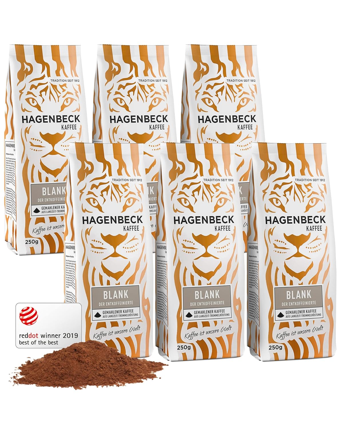 Hagenbeck Blank 6x250g (1,5kg) | Decaffeinated, ground coffee with a mildly fine aroma | 100% Gently Roasted Arabica Coffee Beans | Light Intensity | Ground, caffeine-free & gentle on the stomach
