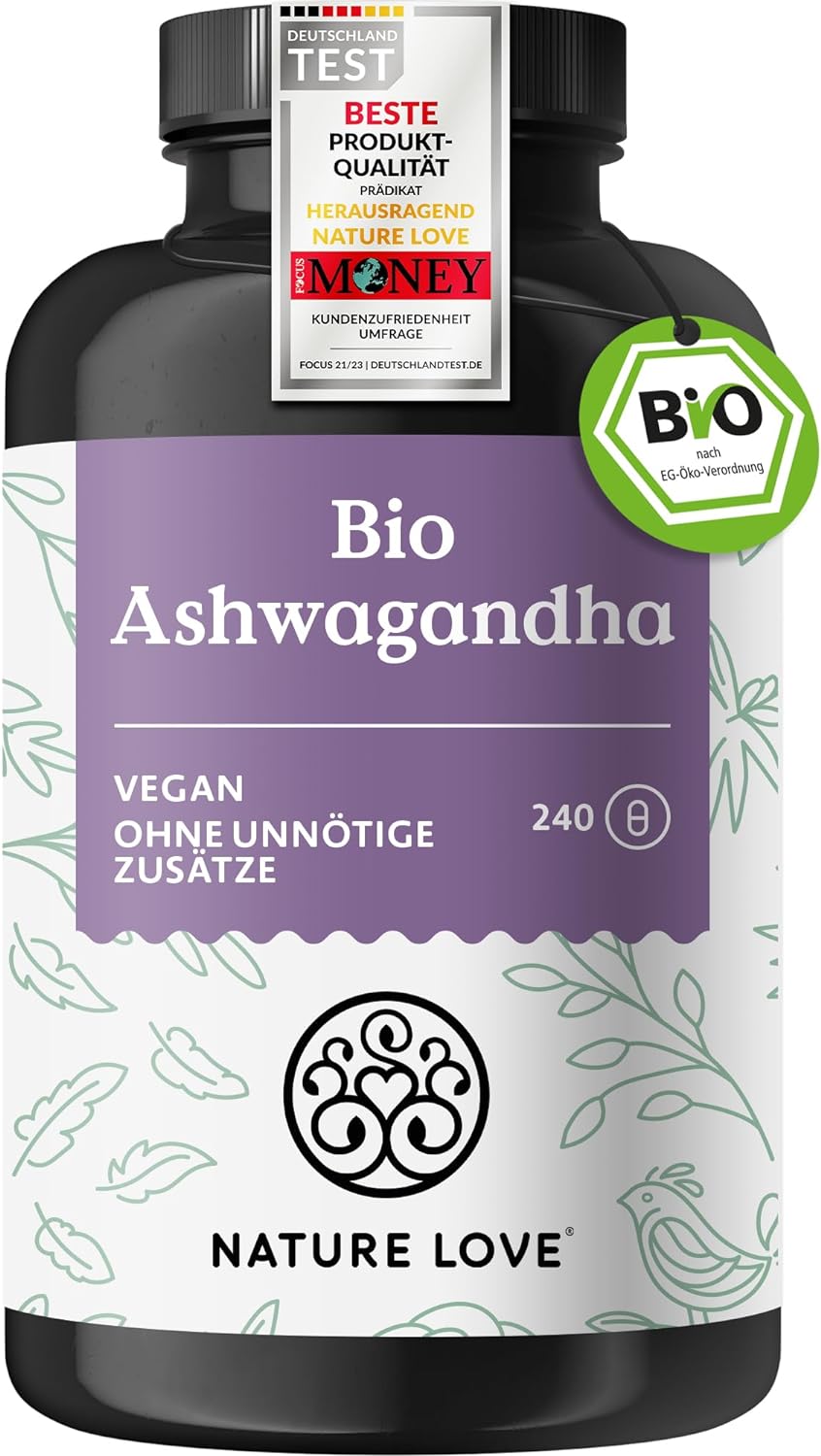 NATURE LOVE® Organic Ashwagandha – 240 Capsules – High Dose with 1950 mg per Daily Dose – High-Quality Indian Ashwagandha – Laboratory Tested, Vegan, Produced in Germany