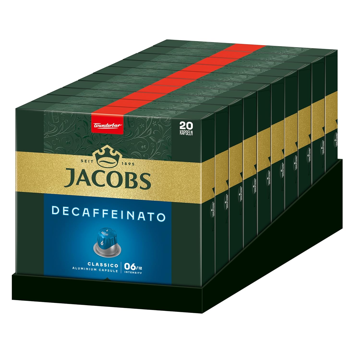 Jacobs Decaffeinated Coffee Capsules Lungo Decaf, Nespresso* Compatible Capsules, Fine Pore Crema, Intensity 6/12, Pack of 200 (10 x 20 Drinks)