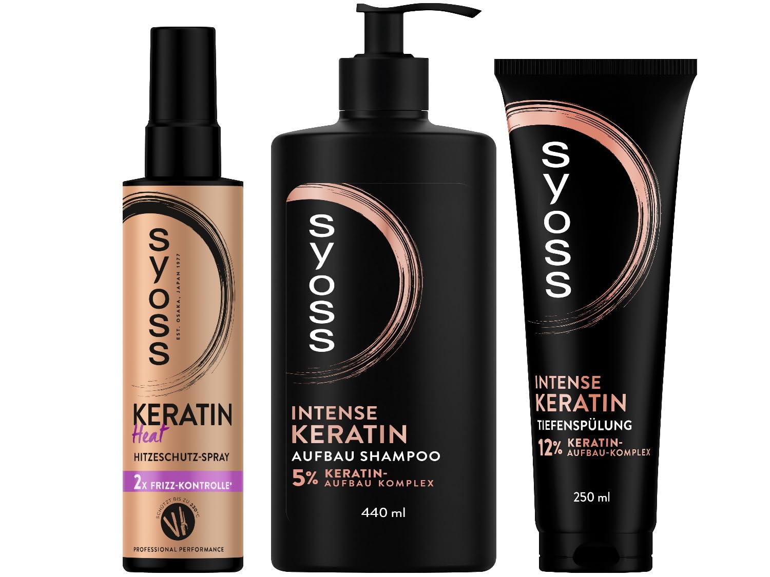 SYOSS Shampoo Intense Keratin Builder Shampoo (440 ml) & Deep Conditioner (250 ml) & Heat Protection Spray (200 ml) Strengthens Weak, Brittle Hair, Heat Protection Up to 230 °C, with Frizz Control