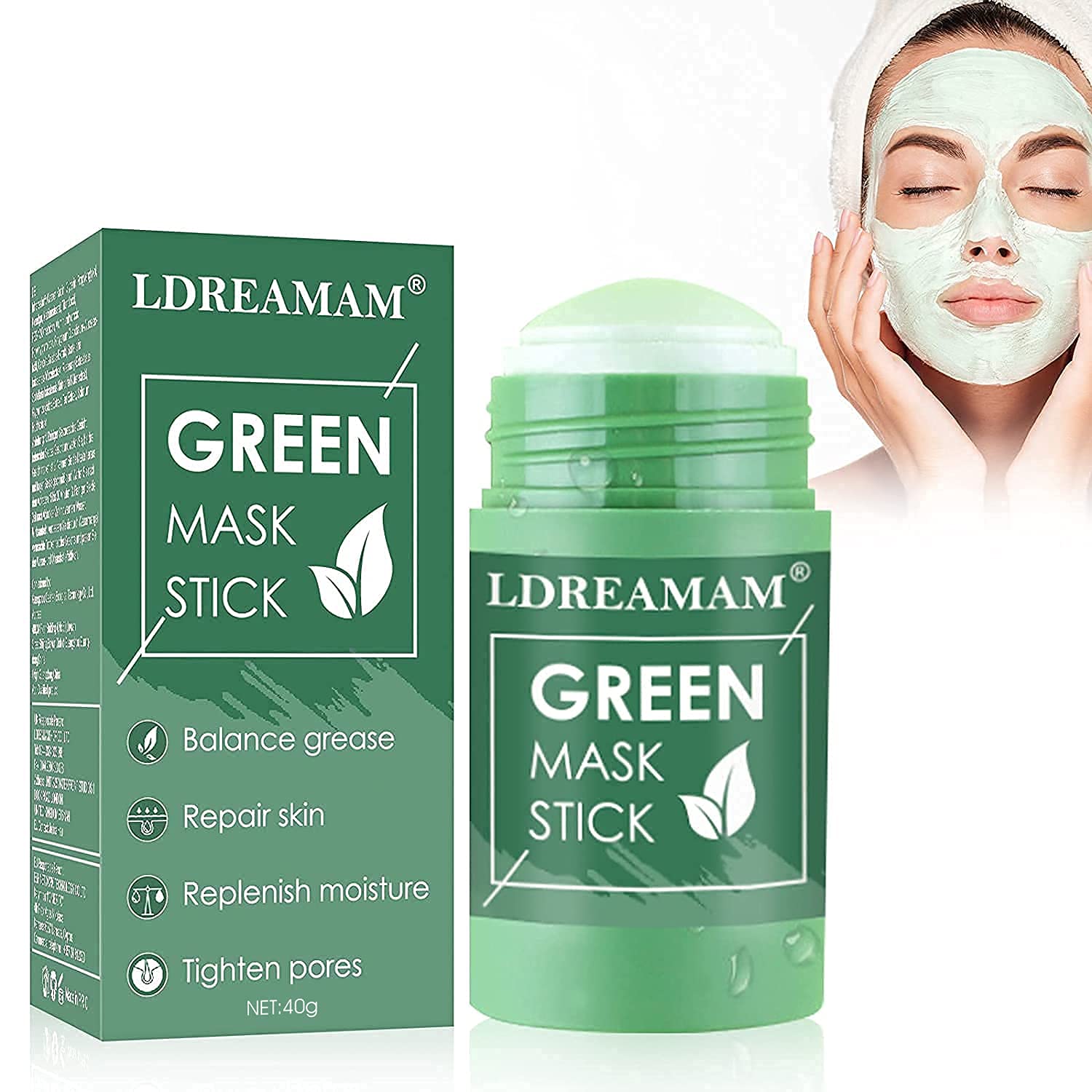 LDREAMAM Green mask stick,Grüner Tee Purifying Clay Stick Mask,Feste Maske,Deep Cleansing Ölkontrolle Anti-Akne-Maske,Mitesser entfernen,Poren verkleinern und Haut straffen