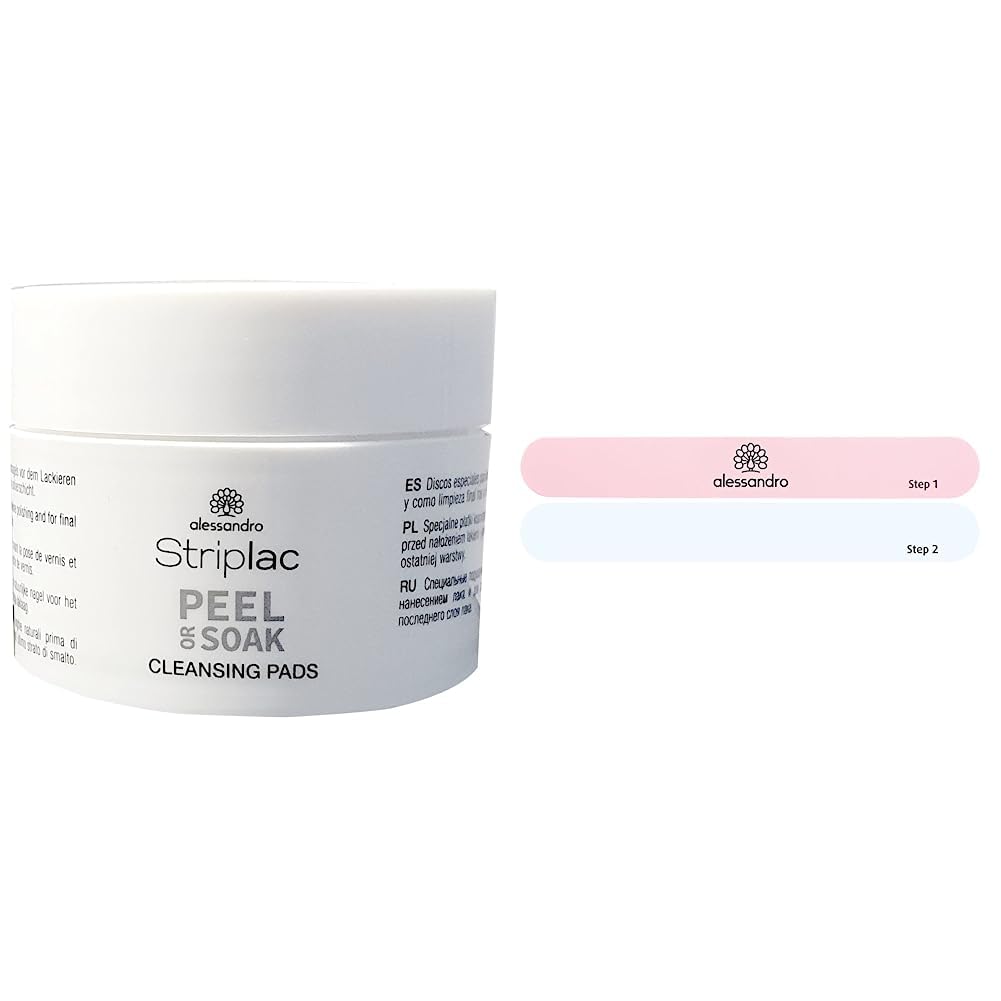 alessandro Striplac Peel or Soak Cleansing Pads 50 Pieces (1 Pack) & Striplac Peel Or Soak Polish File - Two-Step Polishing File for High-Gloss Nails
