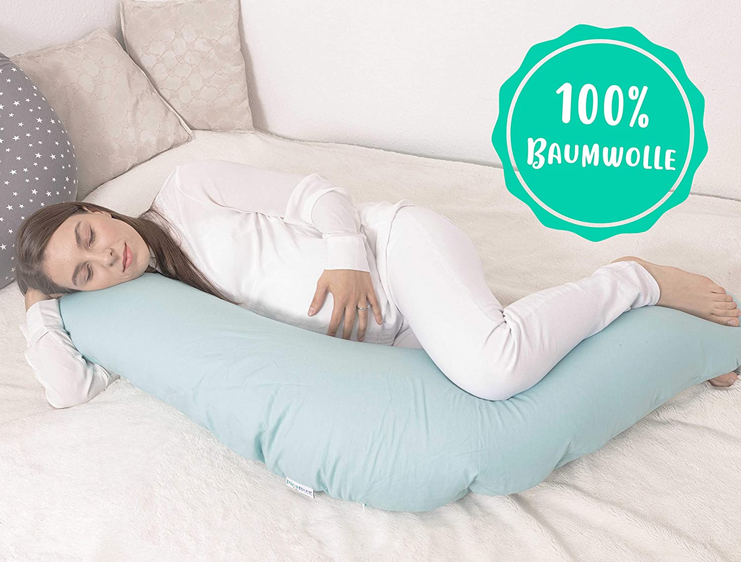 Nursing Pillow Replacement Cover 100% Cotton 9 Beautiful Designs 170 cm & 190 cm Breathable & Cuddly Stars celadon-green