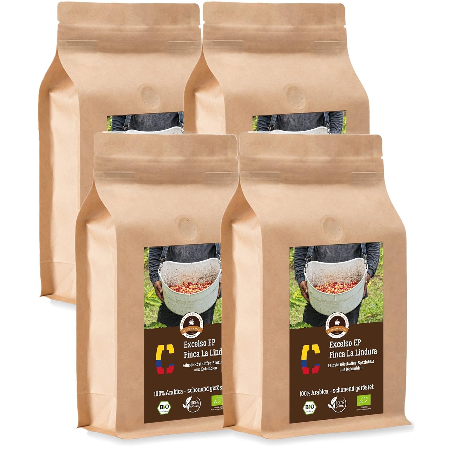 Coffee Globetrotter - Colombia Excelso EP Finca la Lindura - Organic - 4 x 1000 g Very Fine Ground - for Fully Automatic Coffee Grinder - Roasted Coffee from Organic Cultivation | Gastropack Economy