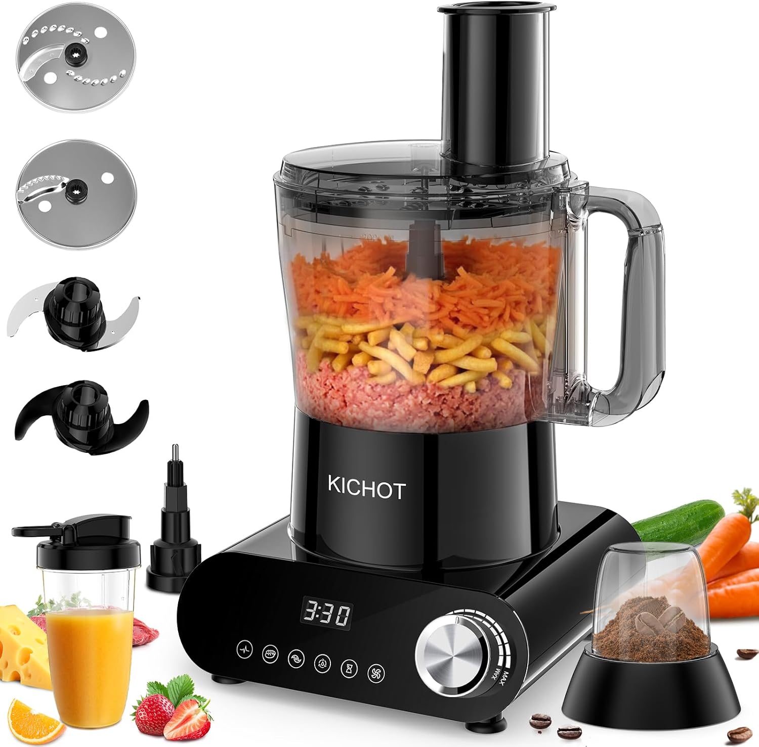 Food Processor & Chopper, 2.5 L Food Processor with Accessories, Grinding Bowl, 1500 W with Large Feeding Chute, Ice Crumbling, Grinding, Citrus Juicer, Grating, Cutting & Dough Preparation, Black