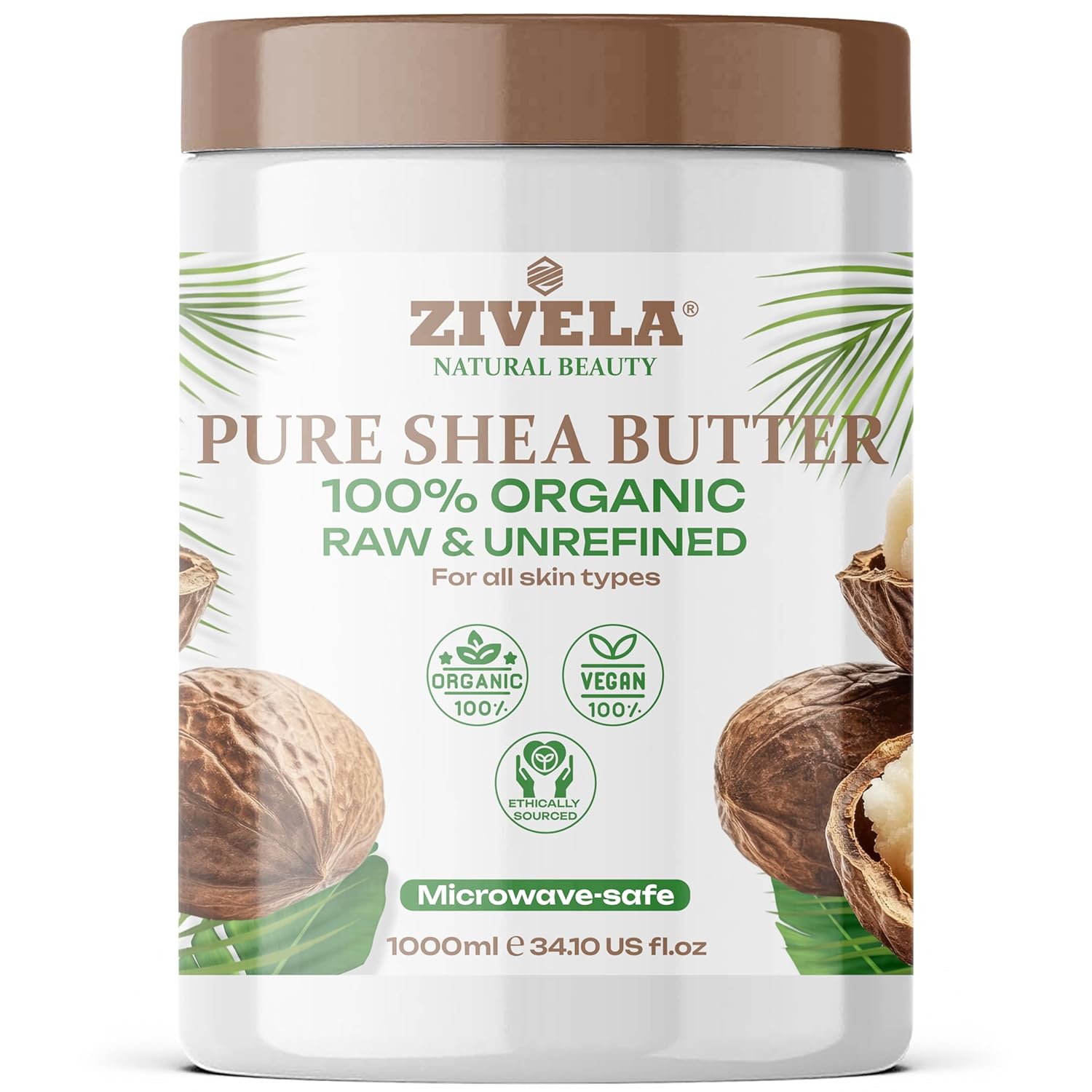Zivela Organic Shea Butter, Unrefined, 100% Pure, Vegan, Natural Body Care with Shea Butter, Moisturizing and Replenishing, Smooth Shea Nut Body Butter for All Skin Types (1000ml)