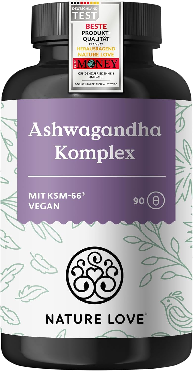 NATURE LOVE® Ashwagandha Complex - 600mg Ashwagandha per Daily Dose - 90 Capsules - with KSM-66, Magnesium, Folic Acid and Vitamin C and B6 - High Dose & Vegan - Produced in Germany