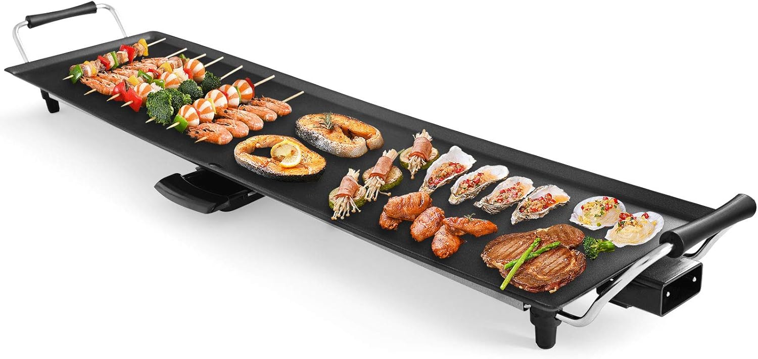 Electric Grill 1800 W, Electric Grill Plate with Non-Stick Coating, Grill with 6 Wooden Spatulas and 2 Non-Stick Egg Rings, Temperature Adjustable Table Grill 90 x 23 cm for BBQ, Party