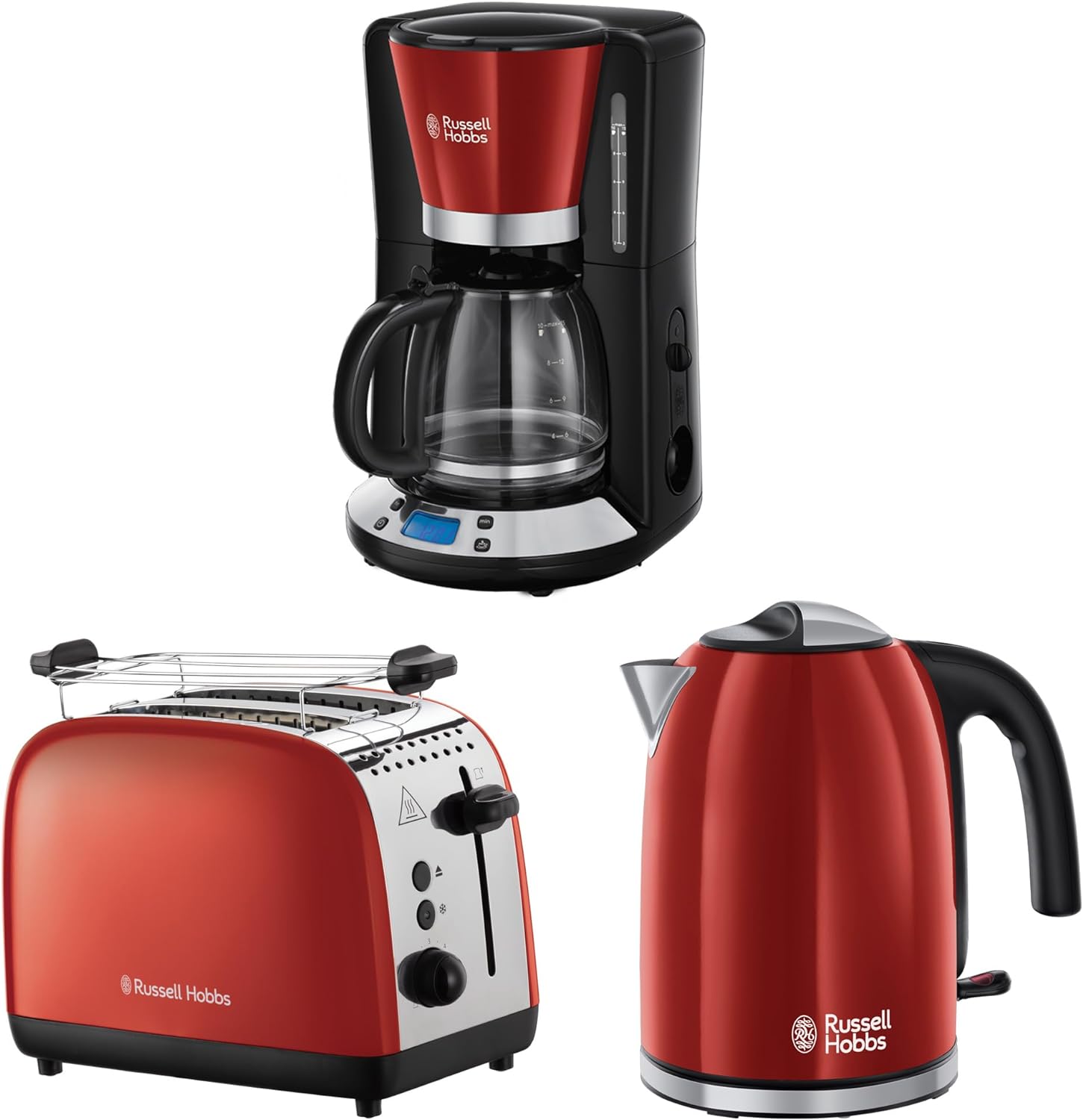 Russell Hobbs Breakfast Set Colours+ Red: Coffee Machine [Digital Timer, Shower Head for Optimal Extraction and Aroma] 24031-56 + Kettle [1.7 L, 2400 W] 20412-70 + Toaster [for 2 Slices] 26554-56