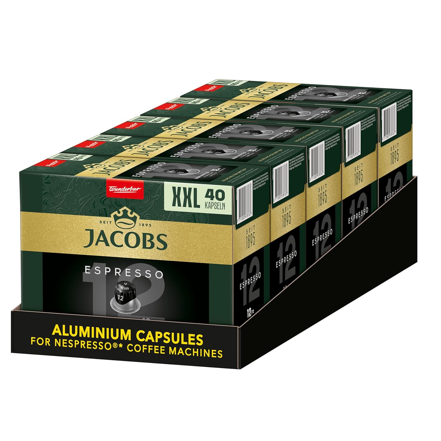 Jacobs Espresso Ristretto, Arabica & Robusta Strength 12 out of 12, Capsule Set of 200 Capsules, Storage Pack (5 x 40 Capsules)