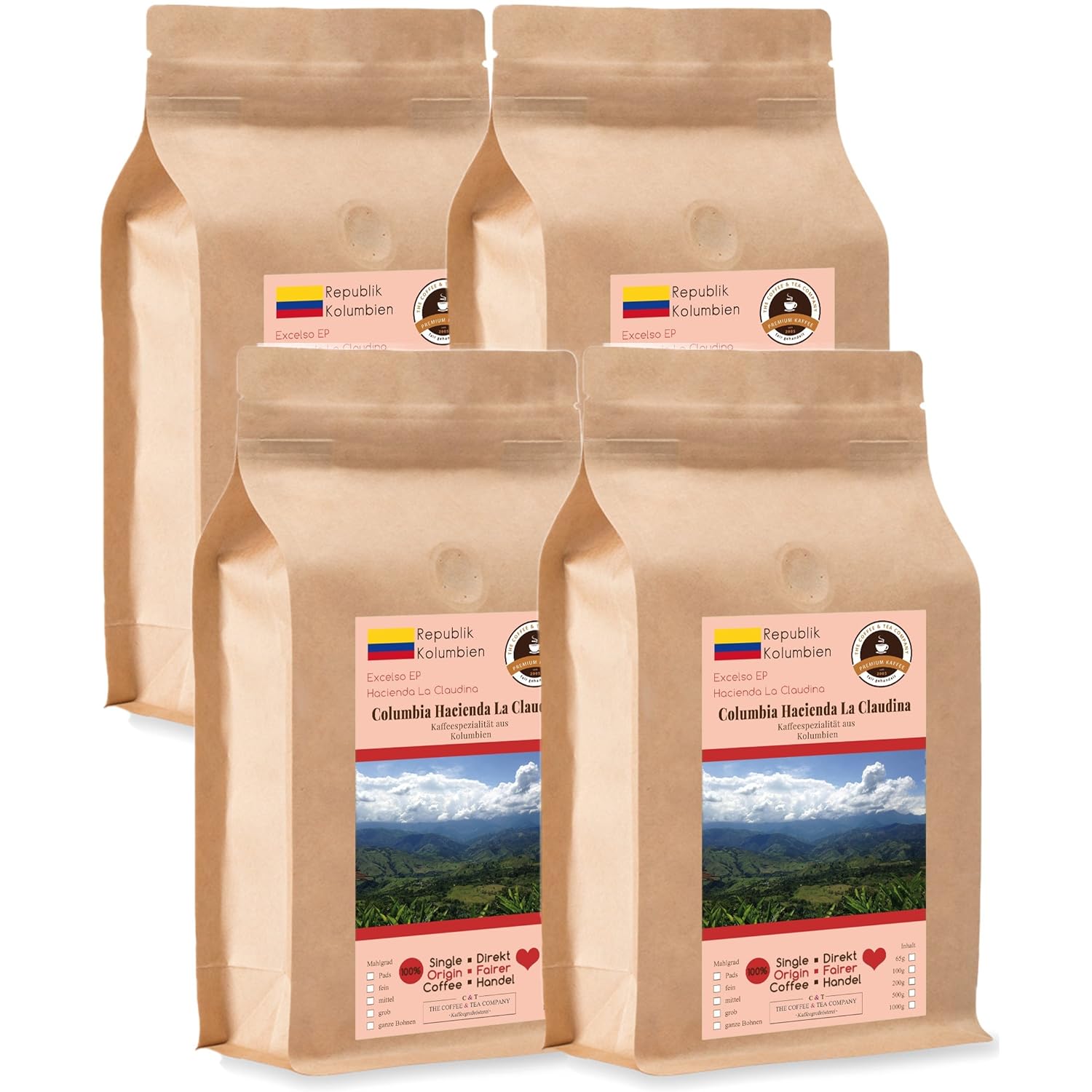 Coffee Crema with Heart - Colombia Hacienda La Claudina - 4 x 1000 g Whole Bean - for Fully Automatic Coffee Grinder - Roasted Coffee Fair Trade | Gastropack Economy Pack
