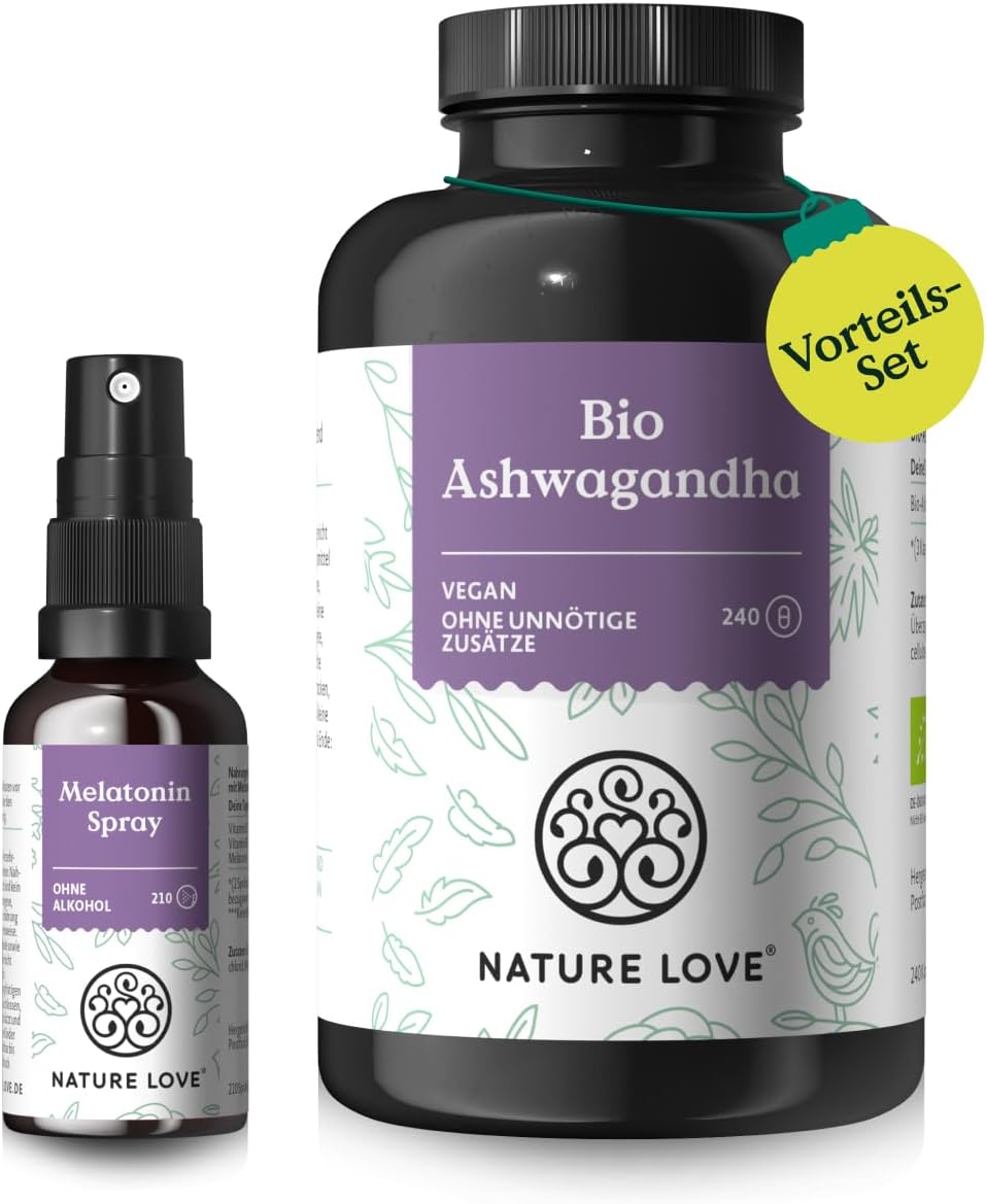 NATURE LOVE® Easy Release Set with Vanessa Mai - 240 Capsules Organic Ashwagandha with 1950 mg per Daily Dose - Melatonin Spray Neutral with 0.5 mg per Daily Dose - High Dose