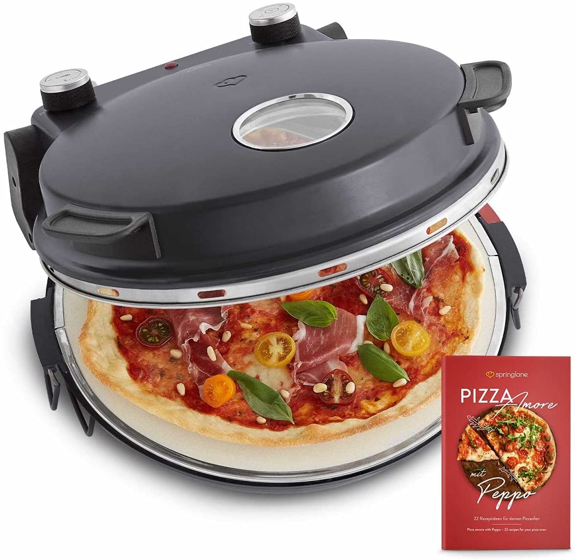 Springlane Kitchen Peppo pizza oven 1200 W pizza maker mini oven electric for pizza and bread 350 °C, timer and signal lamp, incl. Enamel Frying Pan & 2 Large Pizza Spatulas + Free Recipe (PDF) [may not be in English]-