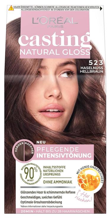L\'Oréal Paris Casting Natural Gloss Hair Color, Intensive Tint, for All Skin Types, No Ammonia and Silicone, Cover Gray Hair, No. 523 Hazelnut Light Brown, Pack of 1