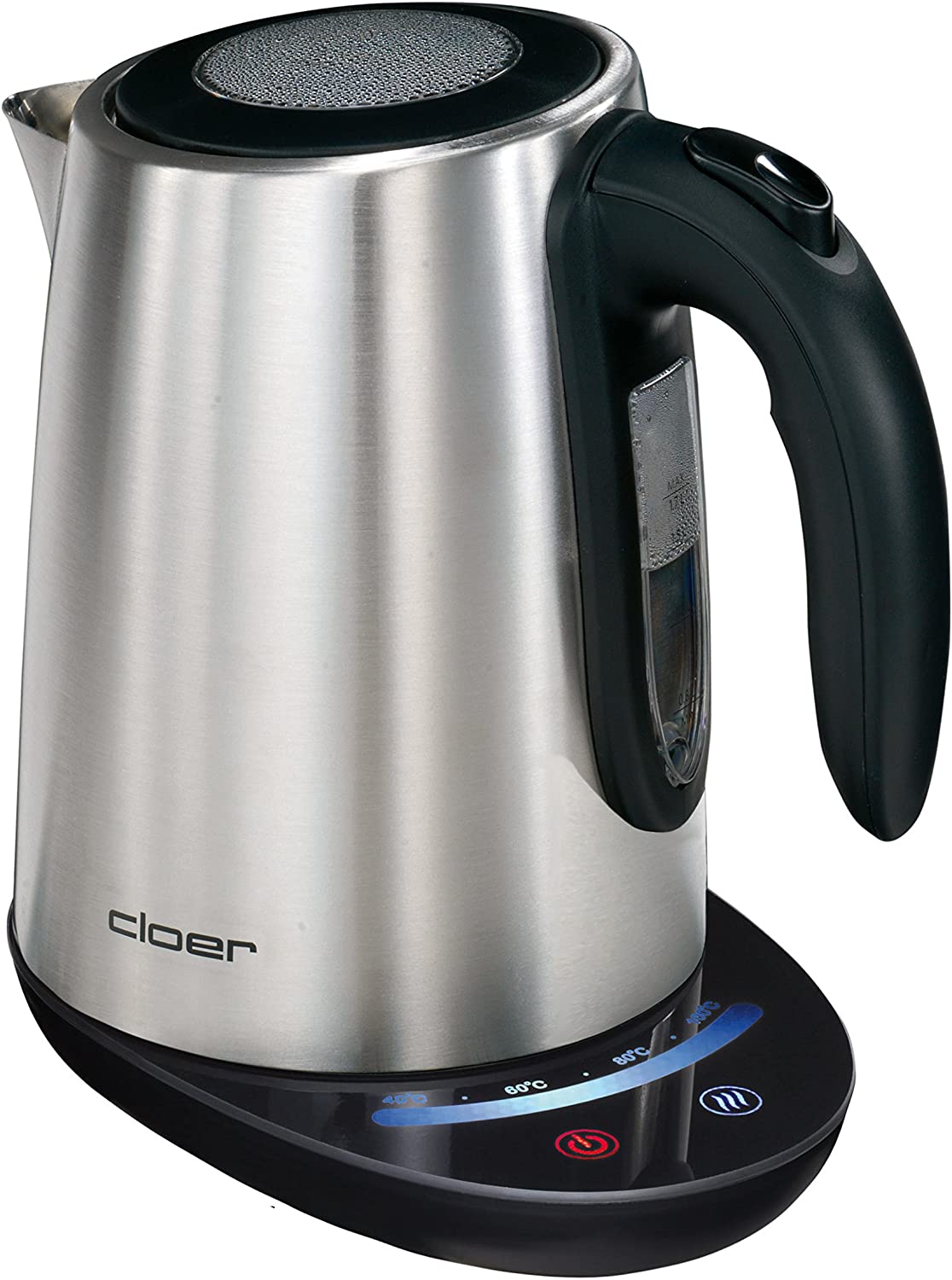 Cloer 4959 touch kettle, 2200 W, base station with glass surface, LED display and touch display with temperature control (40° - 100°C), 1.7 litres, matte stainless steel container