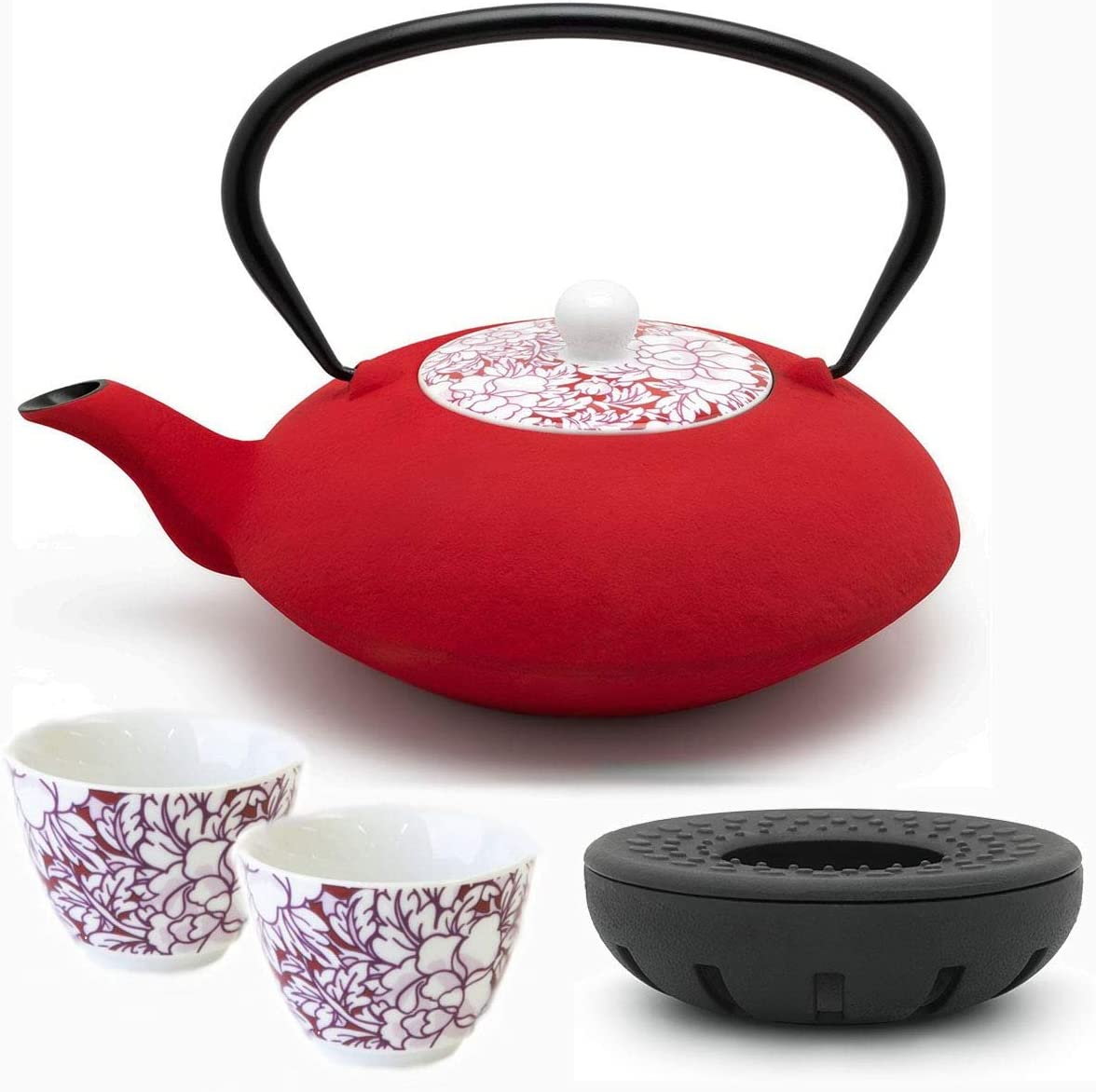 Bredemeijer Asian Cast Iron Teapot Set Red 1.2 Litres with Tea Filter Strainer and Cast Iron Teapot Warmer Including 2 Tea Cups Porcelain