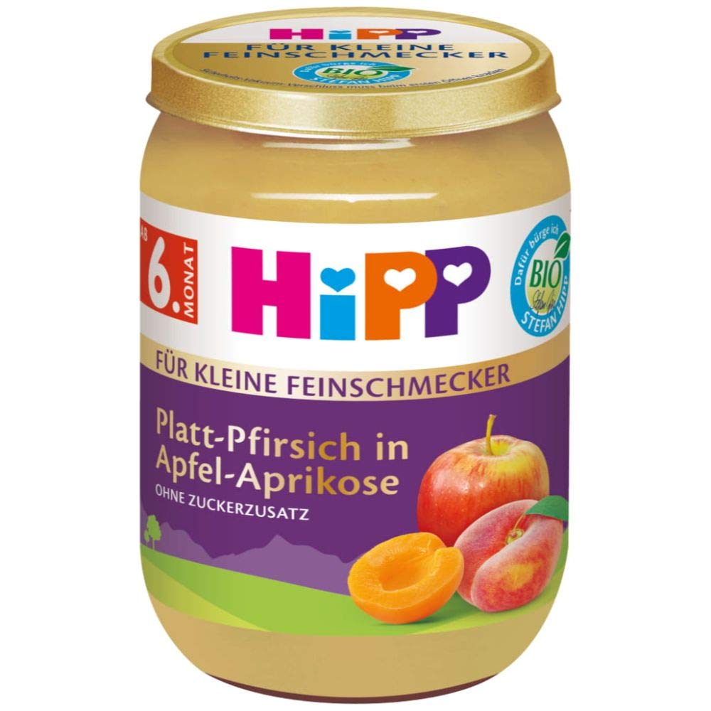 HiPP Bio Für kleine Feinschmecker, Platt-Pfirsich in Apfel-Aprikose, 6er Pack (6 x 190 g), 4421