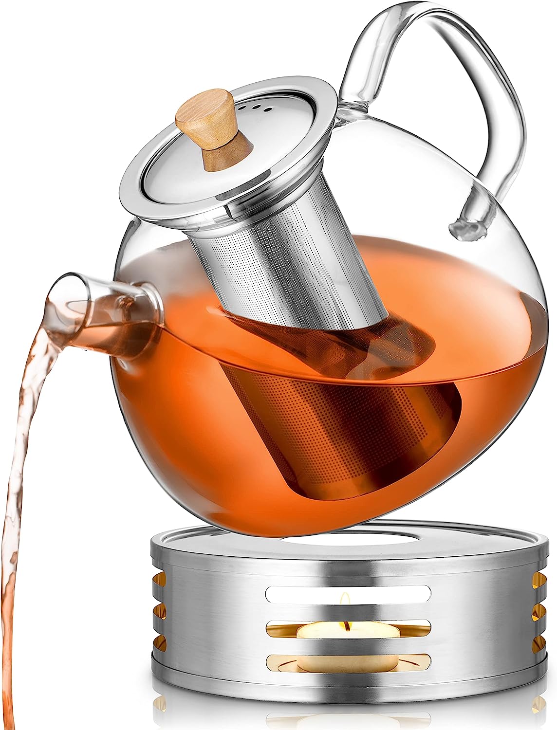 PORADA Glass Teapot 1000 ml with Stainless Steel Heater Tea Strainer Teapot Tea Maker Teapot with Strainer Insert Turkish Teapot Warmer (1500 ml)
