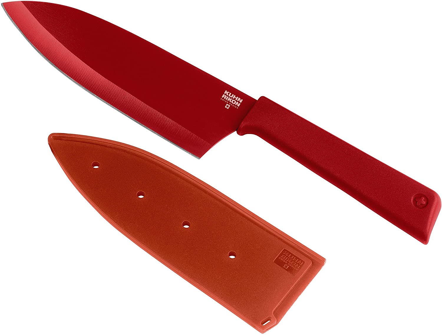 Kuhn Rikon Colori+ Non-Stick Large Santoku Knife with Safety Sheath, 27.5 cm, Red