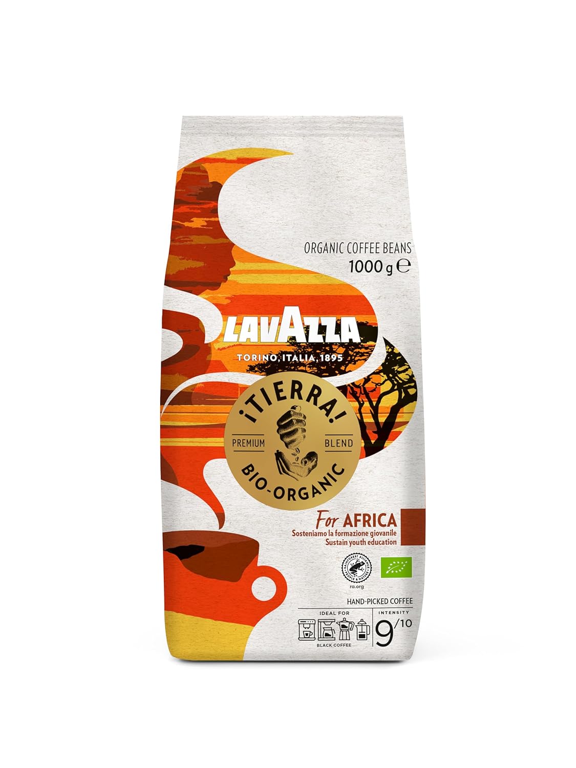 Lavazza, Tierra For Africa, 100% Organic Coffee Beans, Ideal for Espresso Machines, Strong and Full-bodied Flavor, Intensity 9/10, Flavors of Nuts, Medium Roast, 1 kg Pack