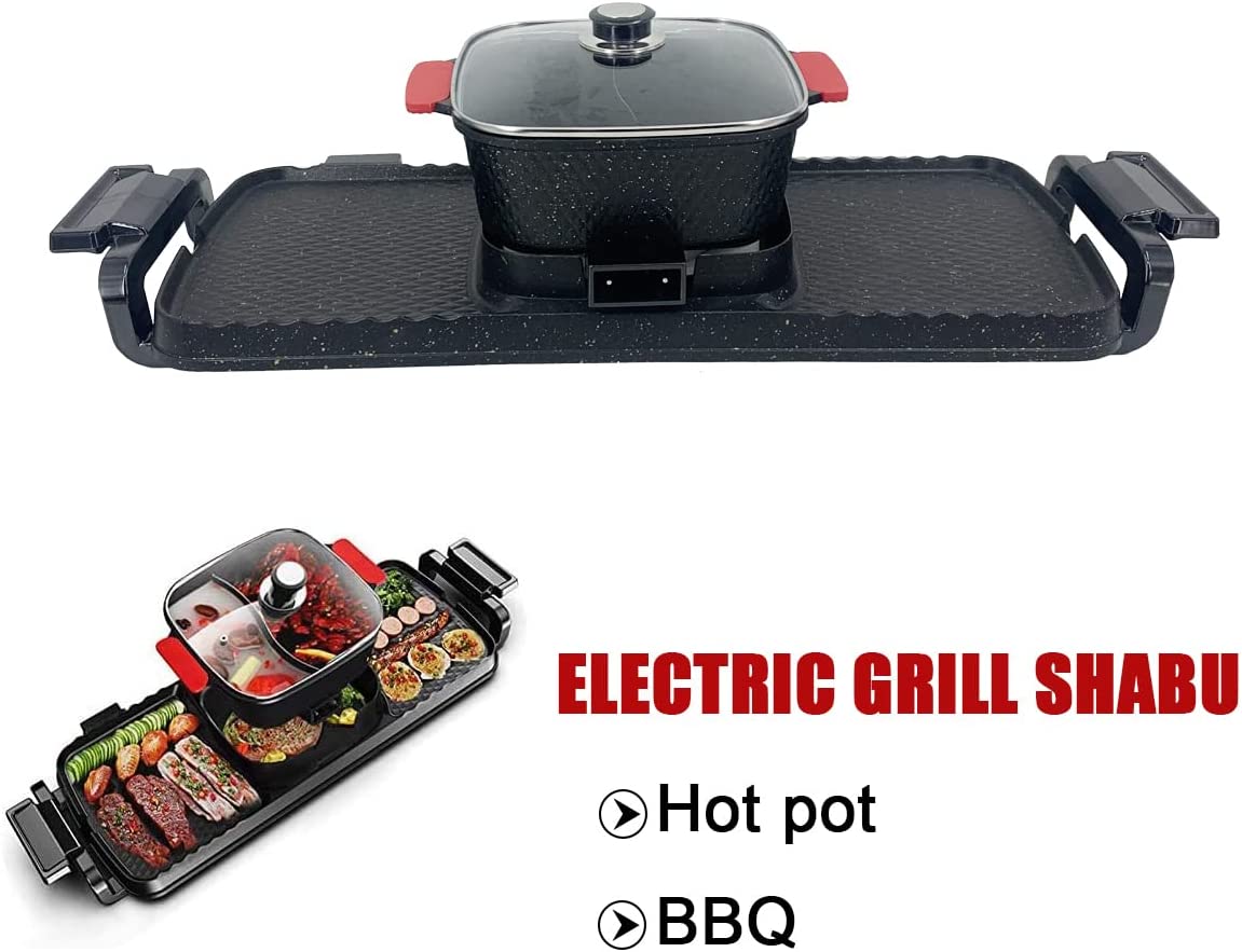 Lfhelper 2-in-1 Hot Pot Barbecue Grill Non-Stick Teppanyaki Pan Soup Hot Pot with Grill, 220 V 2700 W Electric with Double Temperature Control, Grill Pan Ceramic Coating Smokeless