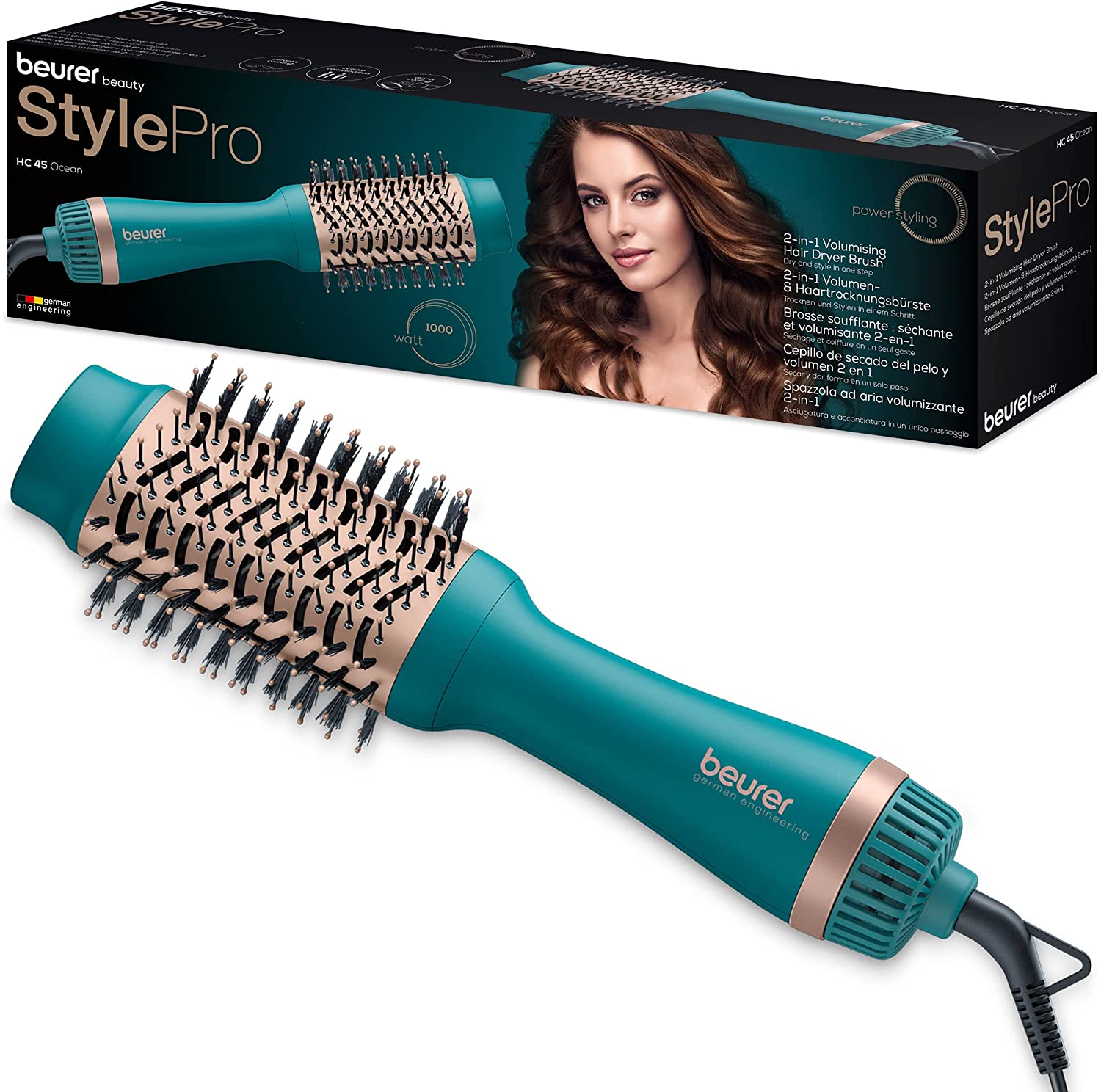 Beurer HC 45 Ocean Hot Air Brush, Hair Drying Brush for More Volume, Ceramic Keratin Coating, 2 Heating and Blower Levels, Styling Brush Ion Function