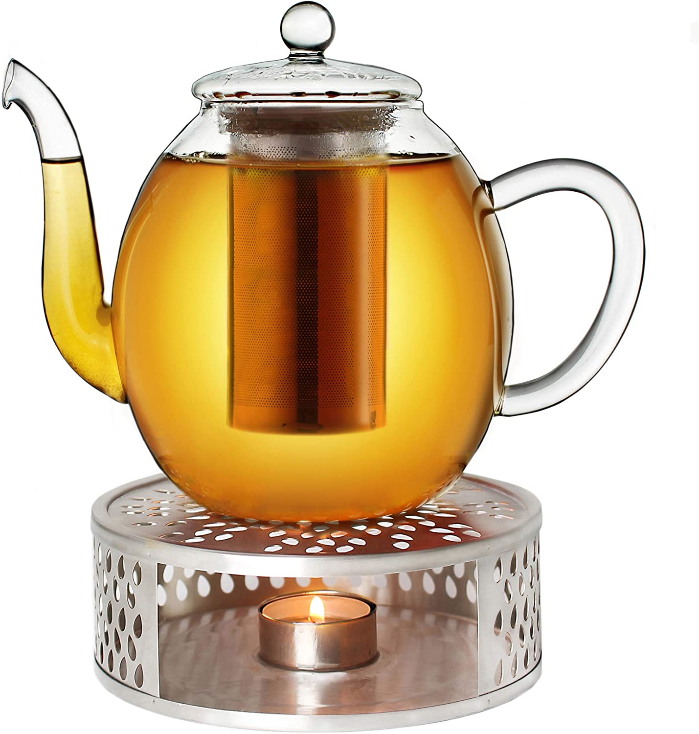 Creano Glass Teapot 1.0 L + a stainless steel warmer, 3-piece glass teapot with integrated stainless steel strainer and glass lid, ideal for preparing loose teas, drip-free