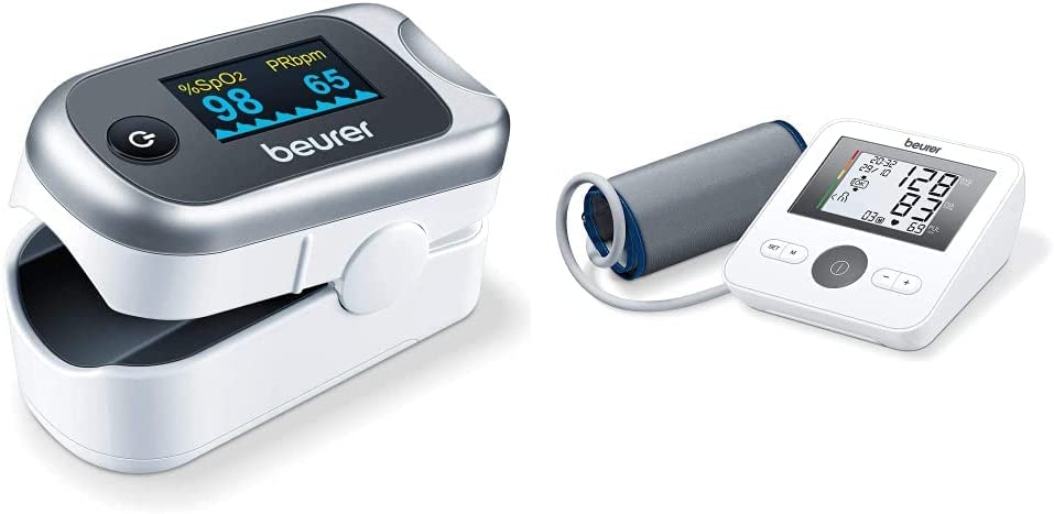 Beurer PO 40 Pulse Oximeter Measurement of Oxygen Saturation (SpO₂), Heart Rate (Pulse) and Perfusion Index (PI), Grey & BM 27 Upper Arm Blood Pressure Monitor, for Upper Arm Circumference of 22-42 cm