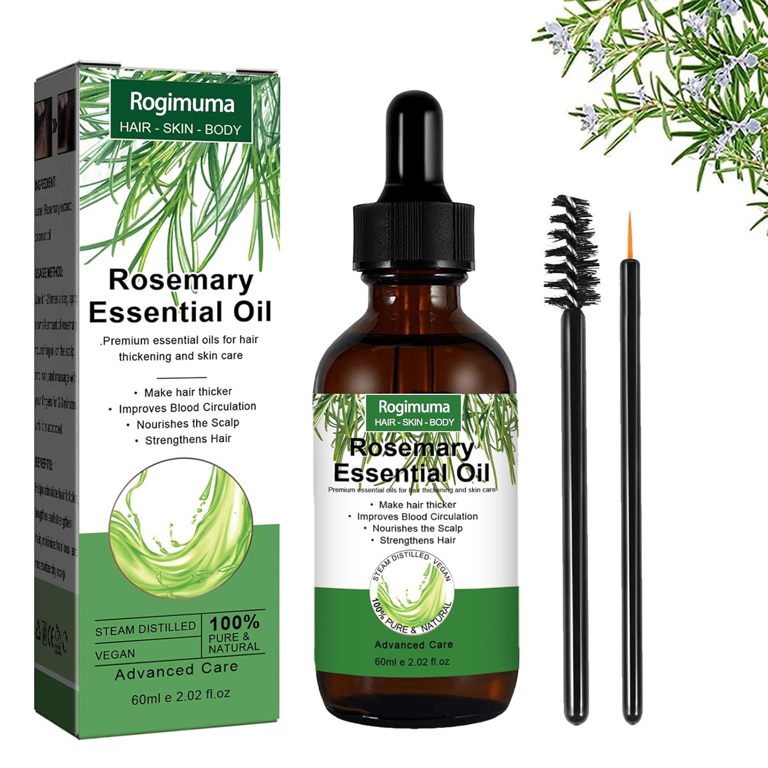 Rosemary Oil Hair, Hair Oil for Hair Growth, Skin Care, 100% Pure Essential Oil for Eyebrow Eyelashes, Stimulates Hair Growth, Nourishes the Scalp, Improves Blood Circulation (60 ml)