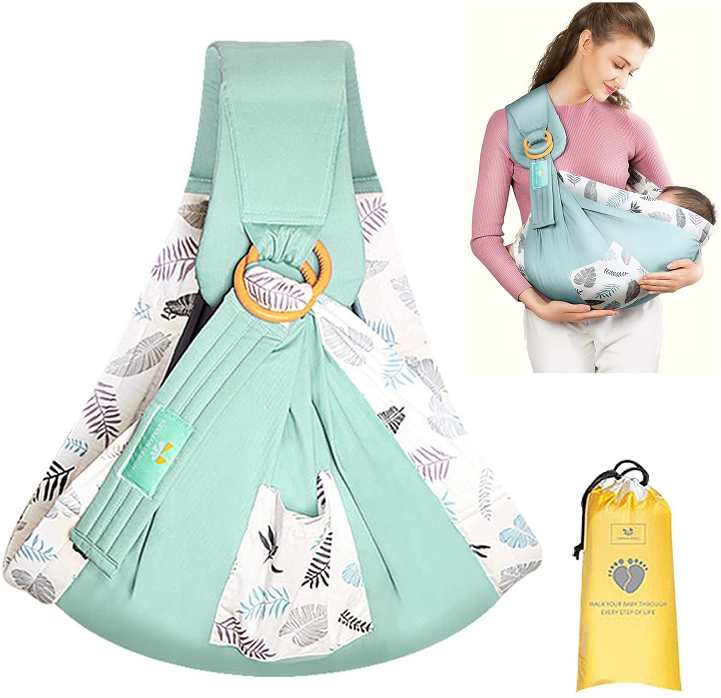 cakefly Leaf Pattern Baby Carrier, All-in-1 Baby Carrier for Newborns, Hands-Free Carrying, Breastfeeding Cover, Adjustable with Sturdy Rings, for Newborn up to 35 lbs