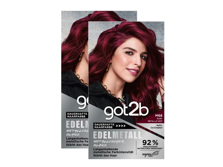 got2b Edelmetall M68 Ruby Metallic Level 3 (2 x 143 ml), Hair Color with Metal Shine Booster for Cool, Shimmering Tones, Permanent Coloration with Anti-fading Effect