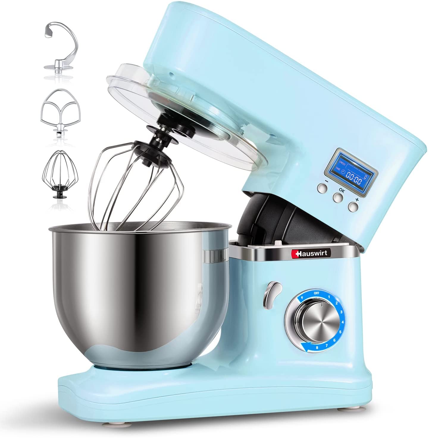 Hauswirt Food Processor, Mixing Machine with LCD Screen, Kneading Machine Dough Machine with Planetary Mixing System, 8 Speed, 5L Stainless Steel Bowl, Whisk, Dough Hook, Whisk, Blue