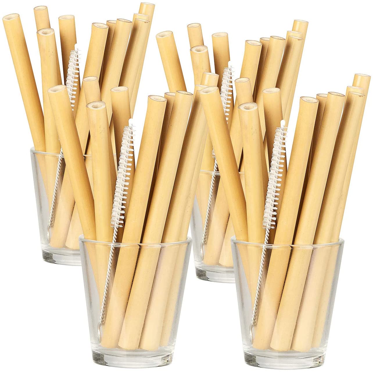 Rosenstein & Söhne Organic Bamboo Drinking Straw:48 Bamboo Straws 130mm Reusable with Cleaning Brush (Natural Straw)