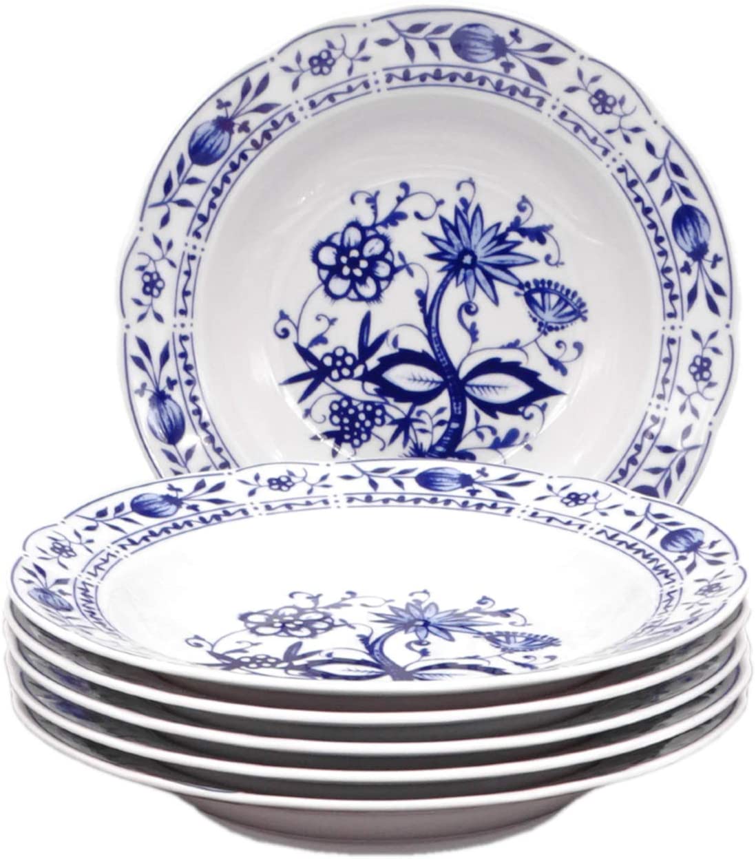 Kahla 17A102A72067U Plate Set Porcelain Onion Pattern Blue / White 6-Piece Set Soup plate for 6 persons, flower decoration, deep plate, round pasta plate.