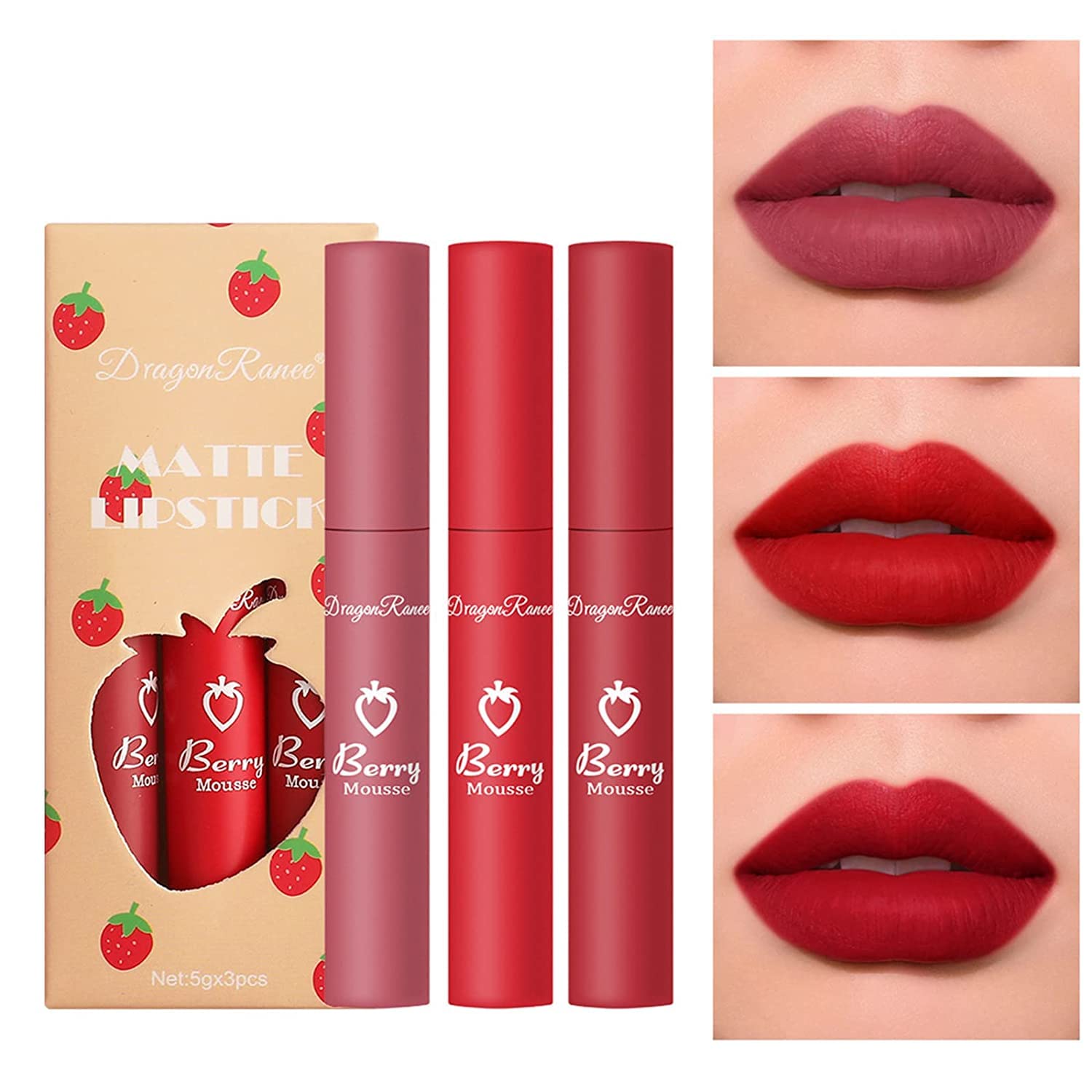 ChaneeHann 3 Colours Matte Lipstick Set, Strawberry Set, Matte Liquid Lipstick, Matte Lip Gloss, Waterproof, Durable Makeup Lip Gloss, Non-Stick Cup, Fade-Free, Highly Pigmented Velvet Lip Gloss Set, 