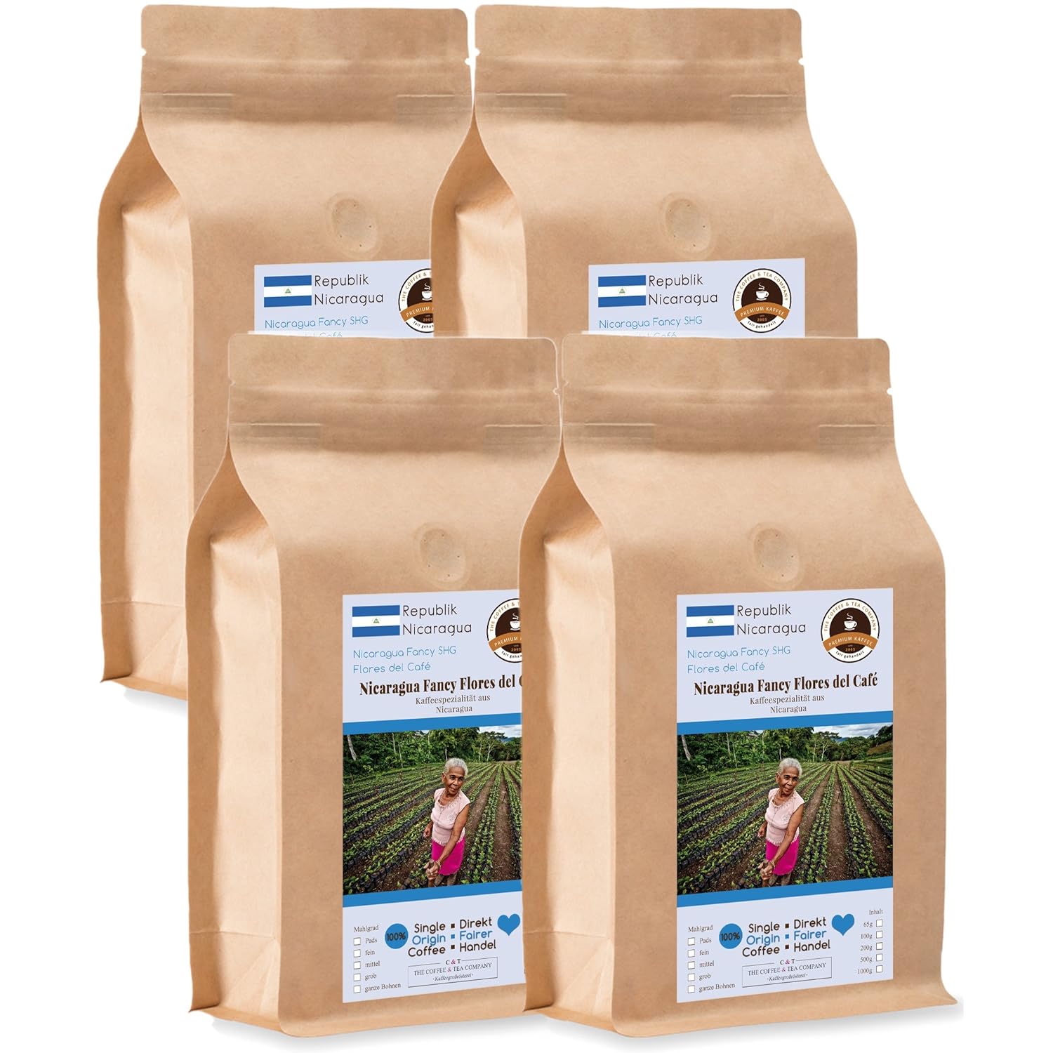 Coffee Globetrotter - Coffee with Heart - Nicaragua Fancy Flores del Café - 4 x 1000 g Whole Bean - for Fully Automatic Coffee Grinder - Roasted Coffee Fair Trade | Gastropack Economy Pack