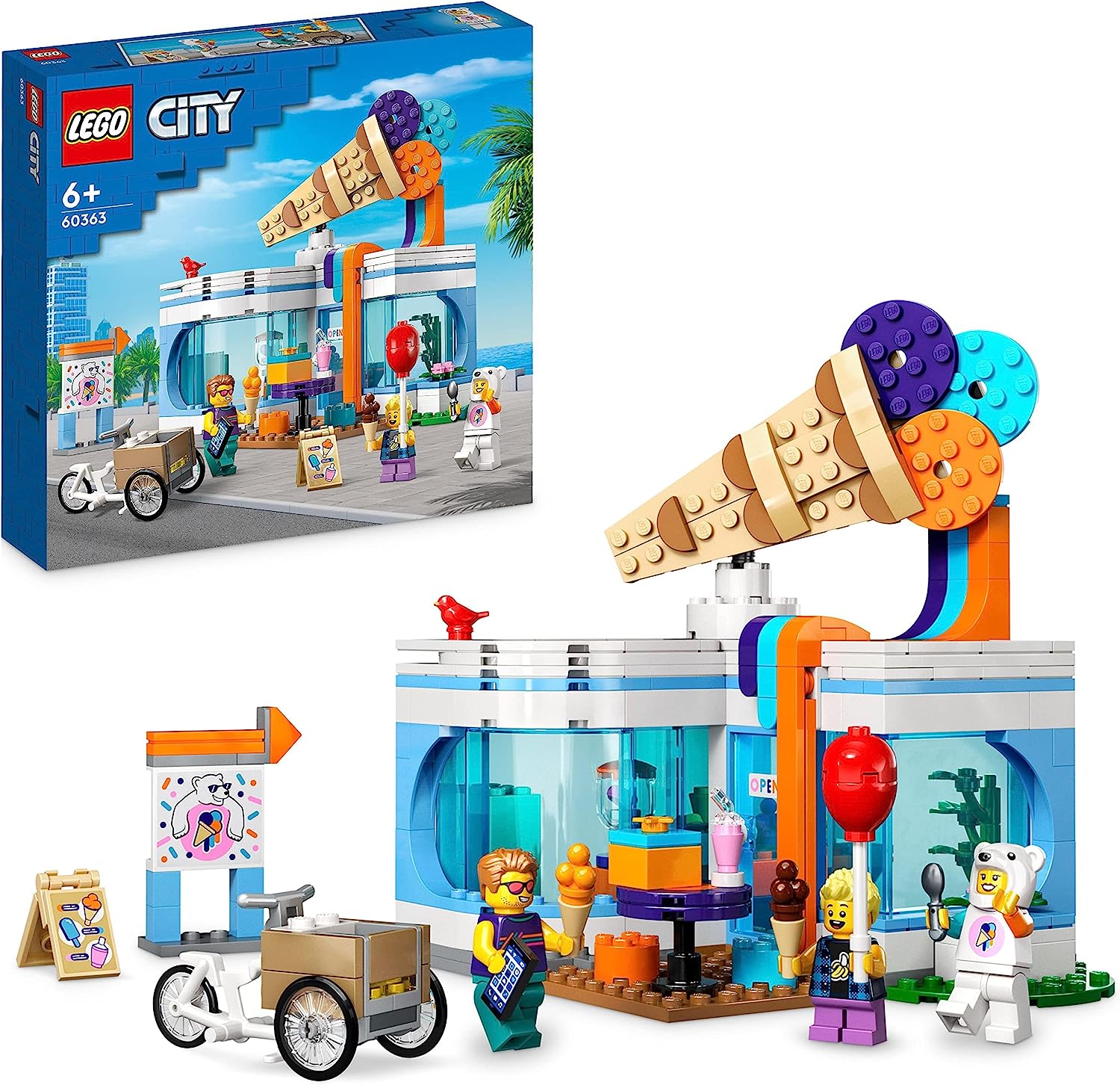 LEGO 60363 City Ice Cream Parlor, Toy Shop for Children from 6 Years, Set of 3 Mini Figures With Fun Accessories and a Cargo Wheel, Birthday Gift for Boys and Girls