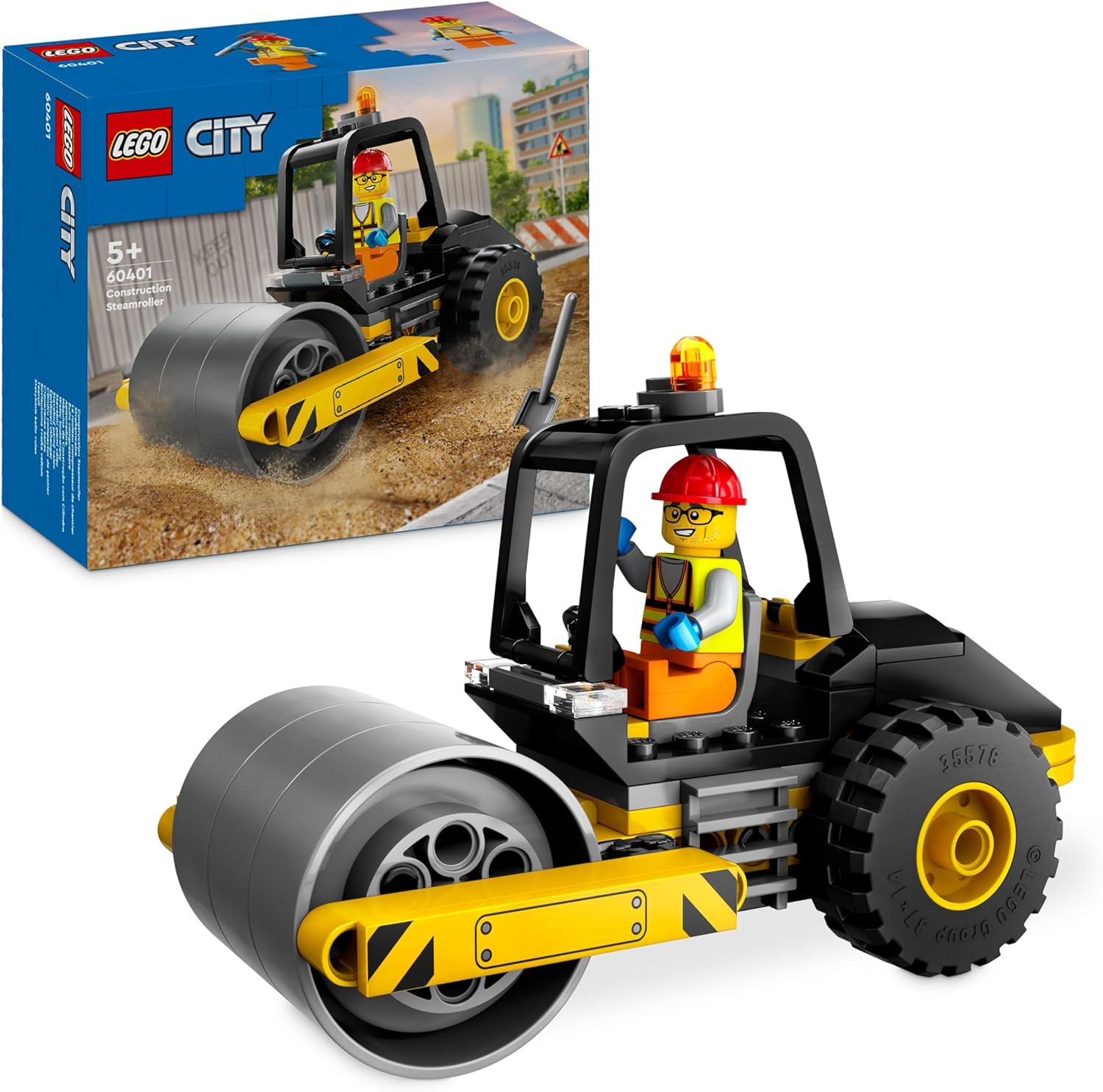 LEGO City Road Roller, Construction Site Vehicle for Children from 5 Years, Steam Roller Toy with Builder Mini Figure, Imaginative Play Experience for Boys and Girls, Small, Funny Gift 60401