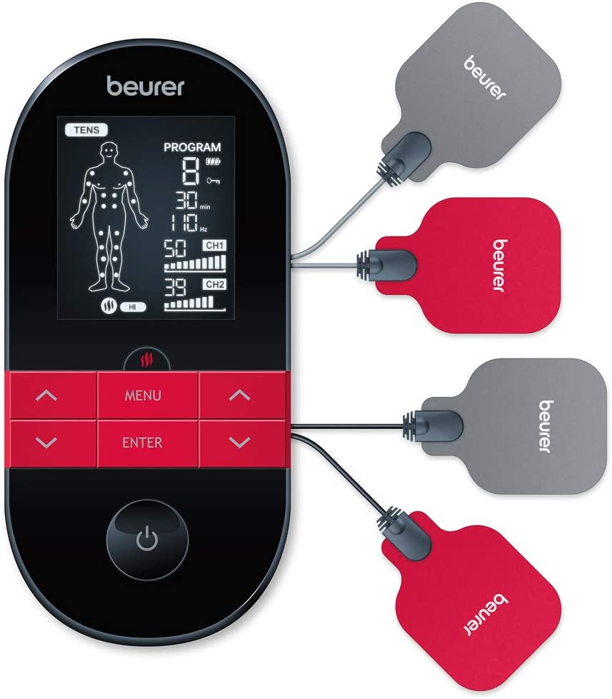 Beurer EM 59 Heat Digital TENS/EMS Device, 4-in-1 Stimulation Current Device for Pain Therapy, Muscle Stimulation, Massage and Heat Therapy, Including 4 Electrodes and Battery