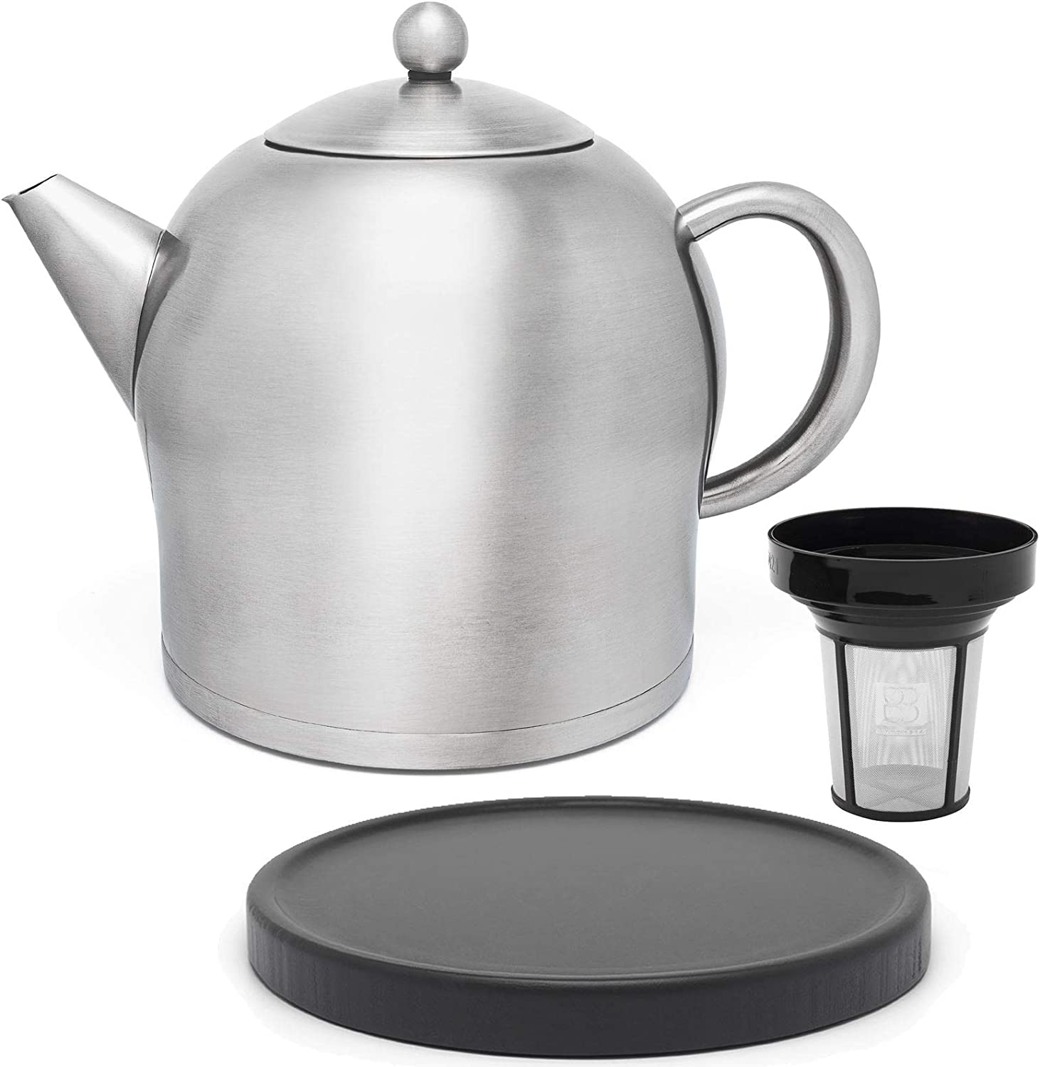 Bredemeijer Large Matte Double-Walled Stainless Steel Teapot 2.0 Litres & Black Wooden Saucer & Tea Filter