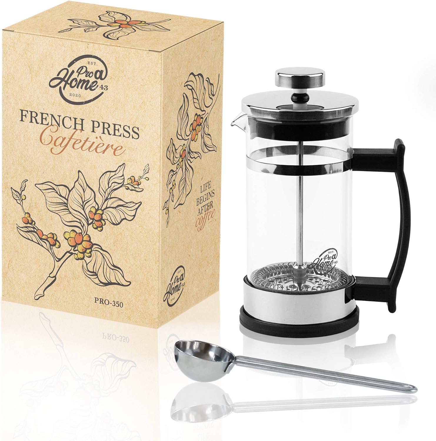 Pro@Home43 French Press / Coffee Maker Made of Glass / Coffee Press / Cafetière / with Stainless Steel Measuring Spoon