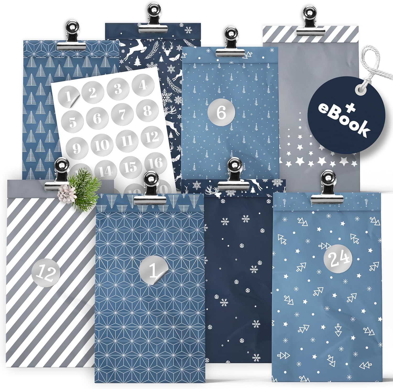 AMARI ® Midnight Blue Advent Calendar for Filling, 24 Paper Advent Bags (with Metal Clips) for Crafts for Christmas, Paper Christmas Bags with Number Stickers