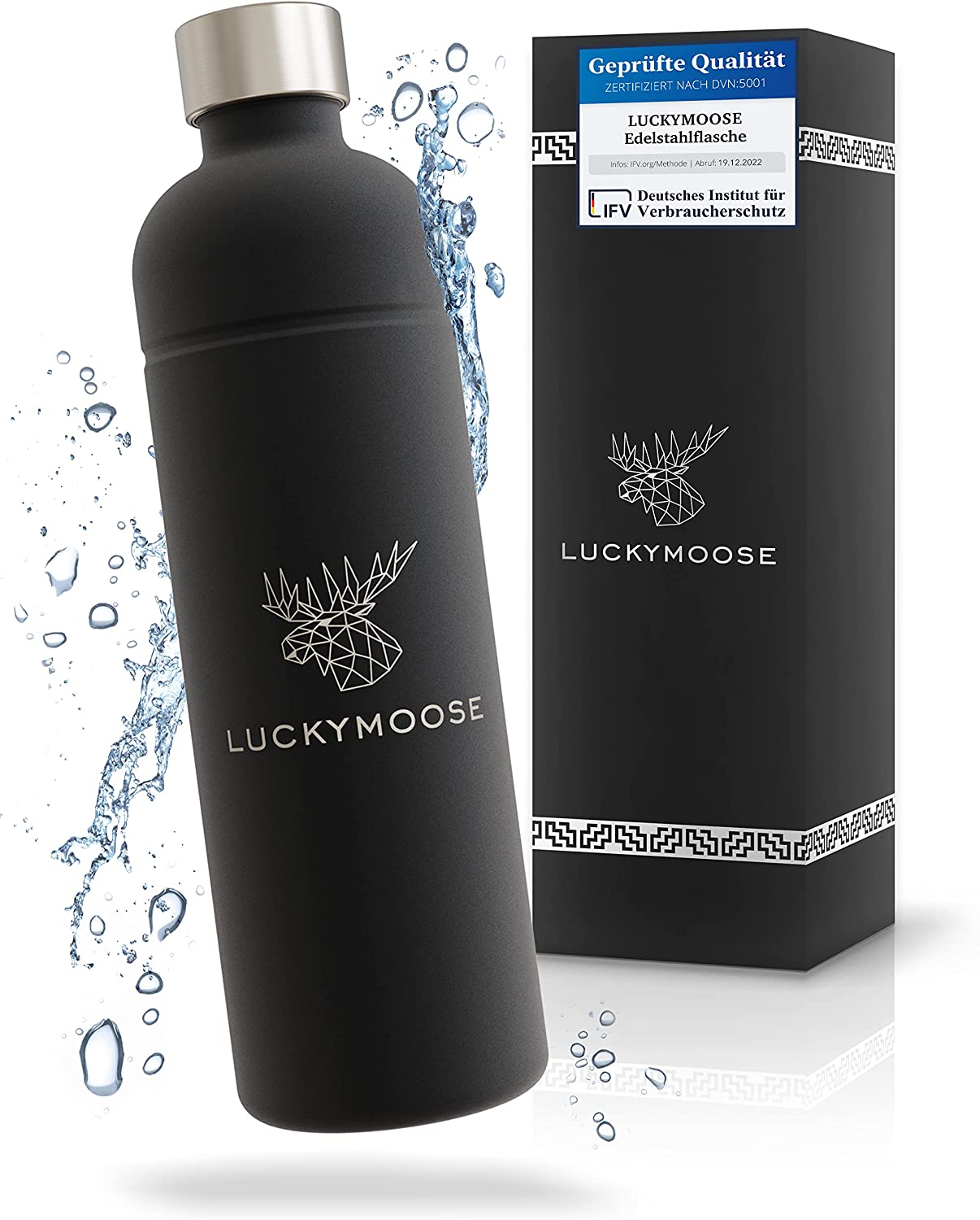 Luckymoose® stainless steel bottle 1L compatible with Aarke & Philips water bubble - premium stainless steel drinking bottle, ideal for home, outdoor & office (black)