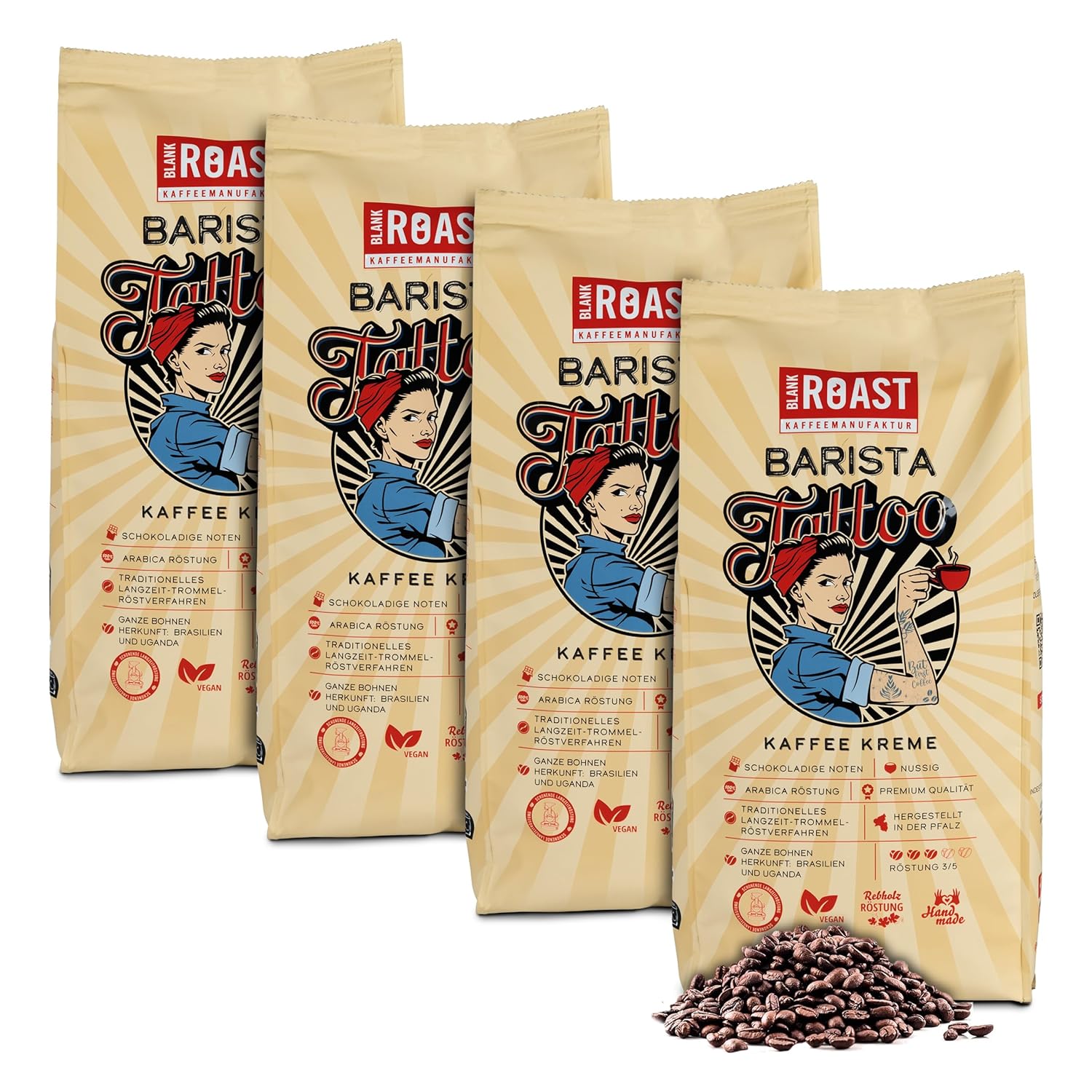 BLANK ROAST - Barista Tattoo Coffee Cream - 1 kg (Pack of 4) - Roasted in Drum Roasting - Beans from the Best Growing Regions - Premium Arabica - Strong, Chocolate & Nutty - Low Acid