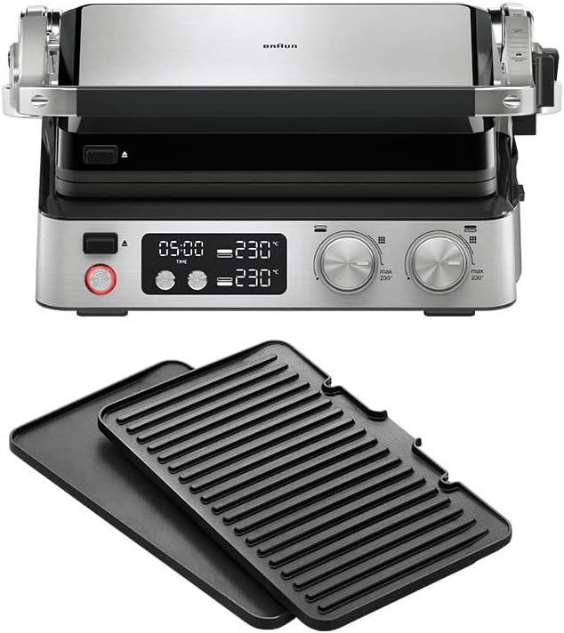 Braun MultiGrill 7 CG 7040 Contact Grill with Grill and Flat Plates, Grill Positions: Contact, BBQ, Oven, Dishwasher-Safe Plates, Grease Tray, 230° Maximum Temperature, Black/Stainless Steel
