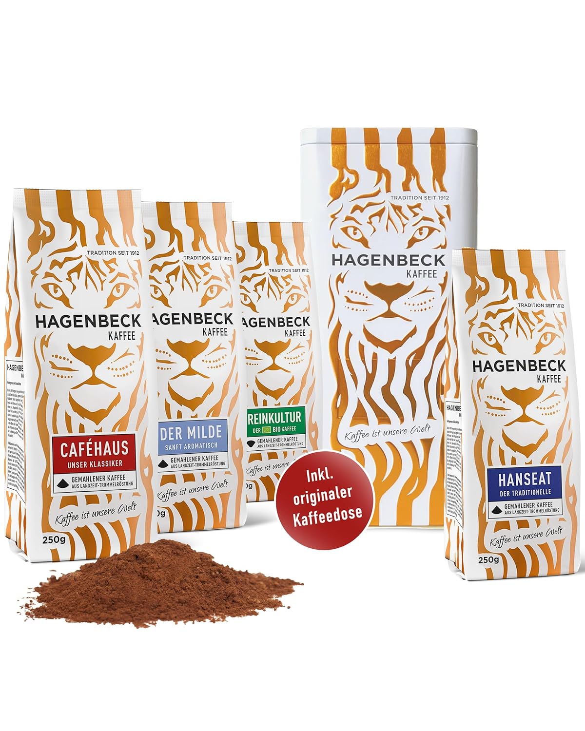 Hagenbeck Coffee Gift Set | Aromatic Filter Coffee Ground | 250g each Cafehaus, Hanseat, Der Milde & Bio-Reinkultur with Tigerbox | Coffee specialities tasting set as a gift idea
