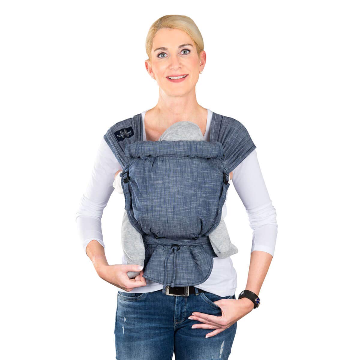 Hoppediz Hop-tye Buckle - Baby Carrier I Halfbuckle I Mei Tai I Belly Carrier & Back Carrier I Design Poplin Denim One Size Fits All Hip Circumference up to 160 cm